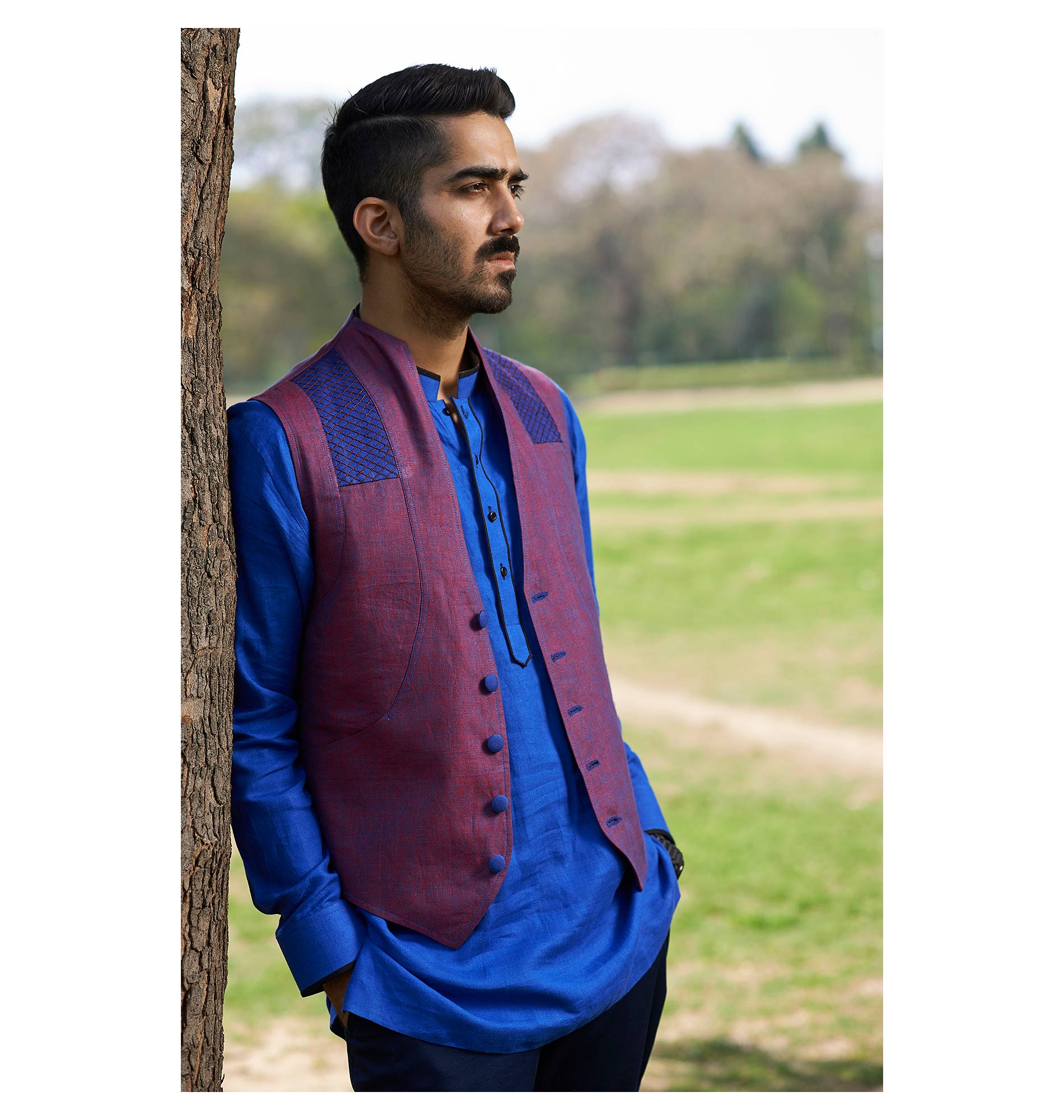 SUITS - CONCEALED POCKET LINEN JACKET WITH STITCT EFFECT